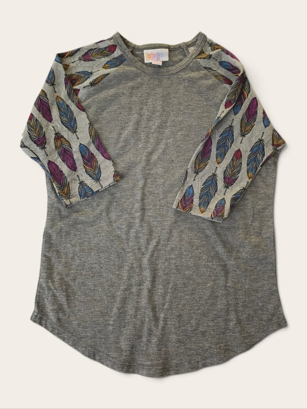 LuLaRoe Grey Raglan Tee with Colorful Feather Sleeves